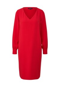 Rotes Kleid mit V-Ausschnitt, langen Ärmeln und gerafften Manschetten. Hergestellt aus glattem Stoff mit gerader Silhouette und einem minimalistischen Design.