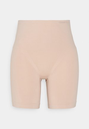 Pantaloni shorts beige senza cuciture con vita alta, texture liscia e dettagli di cucitura sottili. Progettati per comfort e supporto.