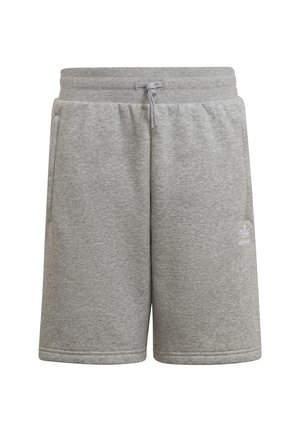 Jasnoszare sportowe szorty Adidas z ściągaczem w pasie, bocznymi kieszeniami oraz haftowanym logo na lewej nodze.