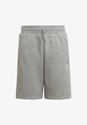 Shorts de sport Adidas gris clair avec taille à cordon, poches latérales et logo brodé sur la jambe gauche.