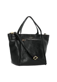 Sort læder tote bag med en struktureret form, der har to håndtag, en aftagelig skulderrem og en frontlomme med lynlås. Guld hardware-indsatser.