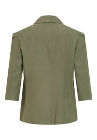 Blazer vert olive avec manches longues, épaules structurées et col cranté, vu de dos.