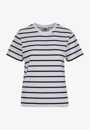 Weißes T-Shirt mit schwarzen horizontalen Streifen, kurzen Ärmeln, rundem Halsausschnitt und lockerer Passform. Aus weichem Baumwollstoff gefertigt.