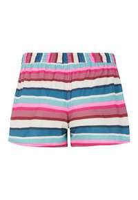 Pruhované plavky s vícobarevným vzorem v odstínech růžové, modré, hnědé a krémové. Elastický pas a lehký materiál.
