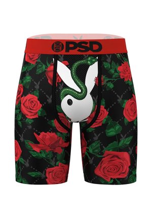 Calzoncillos bóxer negros con rosas rojas, hojas verdes y un logo de conejo blanco. Cinturilla roja con marca; detalle de malla alrededor del logo.