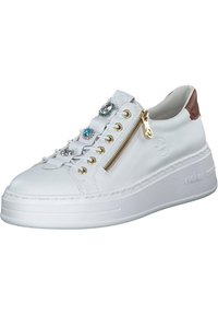 White leather sneaker with gold hardware, side zipper, decorative gem accents, and a thick white platform sole. Textured detailing on sole.