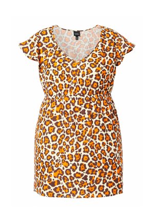 Kortærmet kjole med V-udskæring og indsnøret talje med leopardmønster i orange, brun og creme.