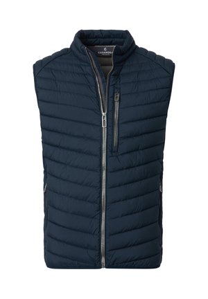 Laivastonsininen tikattu hihaton liivi, jossa on vetoketjulliset taskut edessä ja rinnassa sekä hopeanvärinen vetoketjukiinnitys.