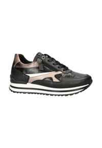 Zwarte sneaker met metallic roze accenten, textuur kunstleder bovenwerk en mesh materiaal, vetersluiting en rubberen zool met witte strepen.