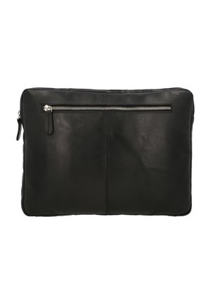 Black leather laptop sleeve with a smooth texture, featuring a silver zippered pocket and a minimalist design with a subtle brand logo.