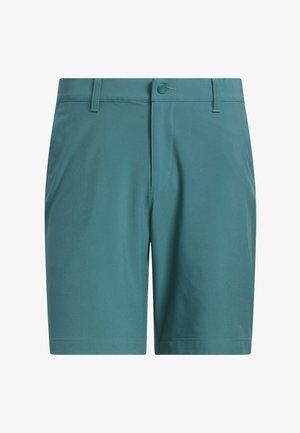 Shorts turquoise en tissu lisse. Dotés d'une fermeture à bouton, de passants de ceinture et d'une coupe classique avec des jambes droites.
