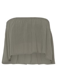 Olijfgroene, strapless top van zachte stof met geplooide textuur en een losse, vloeiende pasvorm. Elastische halslijn voor comfort.