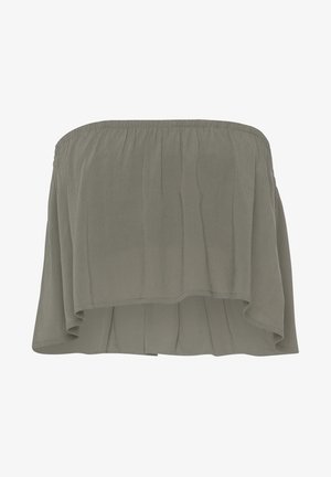 Top senza spalline di un verde oliva, realizzato in tessuto morbido con una texture plissettata e un design fluido e morbido. Collo elasticizzato per il massimo comfort.