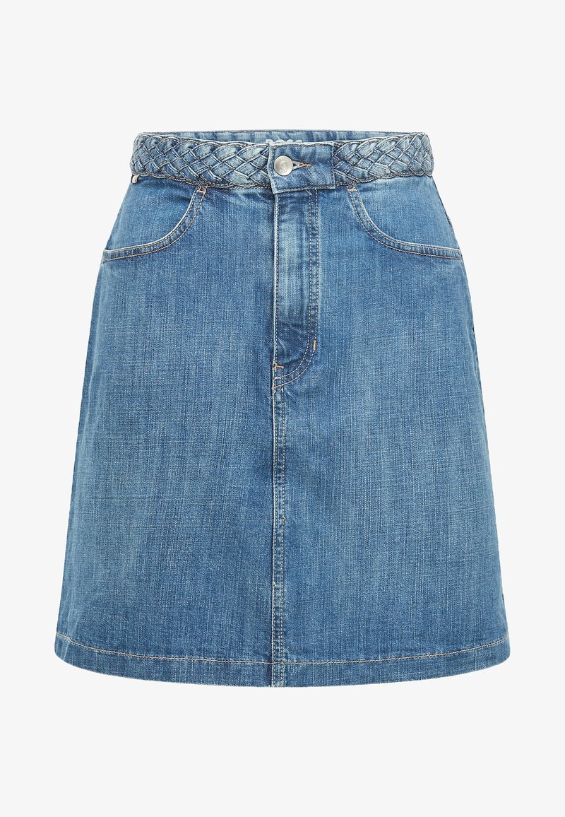 Dinhamihame, joka sisältää tekstuurilla varustetun, letitetyn vyötärön, etupainikkeen kiinnityksen ja leveän leikkauksen. Kangas on keskisininen, jossa on hienovaraisia vaihteluita.