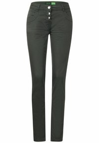 Pantalon vert foncé, ajusté, en tissu lisse. Comprend une braguette à boutons avec trois boutons argentés et des poches avant.