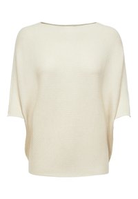 Světle béžový pletený svetr s volným střihem, širokým výstřihem a texturovanými vodorovnými pruhy. Měkká, lehká látka s krátkými rukávy.