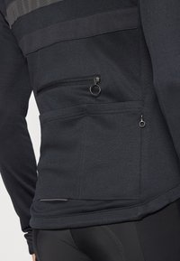Black athletic sweatshirt featuring a textured upper panel, zippered pockets, and a smooth finish. Includes accents of gray with a sleek design.