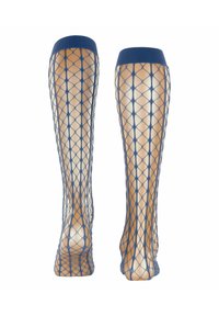 Blauwe visnet kniehoge kousen met een geometrisch ruitpatroon, met een gladde afwerking en een solide blauwe band aan de bovenkant.
