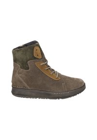 Hybrid ankelstøvler i brun ruskind med grønne og brune detaljer. Har snørebånd, en sidelukning med lynlås, gummisål og syninger.