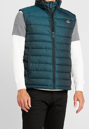 Homme portant une veste matelassée bleue avec fermeture éclair sur un pull tricoté blanc et noir à motifs et un pantalon noir, debout devant un fond uni.
