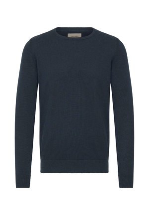 Marineblå genser med rund hals i mykt strikket stoff. Har lange ermer og ribbestrikkede mansjetter og kant, med en jevn og glatt tekstur.