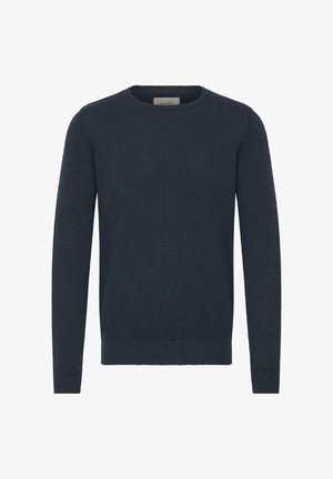 Tumesinine ümara kaelusega kampsun, valmistatud pehmest kudumismaterjalist. Omadused hõlmavad pikkade varrukate ja soonikuga mansettide ning äärega, ühevärvilise, siledapinna tekstuuriga.