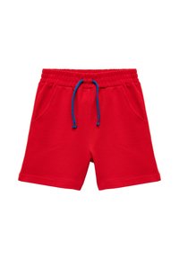 Röda avslappnade shorts med blå dragsko, elastisk midja och framfickor mot vit bakgrund.
