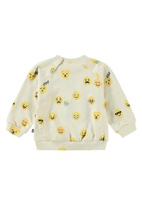 Felpa color beige chiaro con stampe di emoji colorate. Collo e polsini a costine, texture morbida e chiusure a pressione sulla spalla.