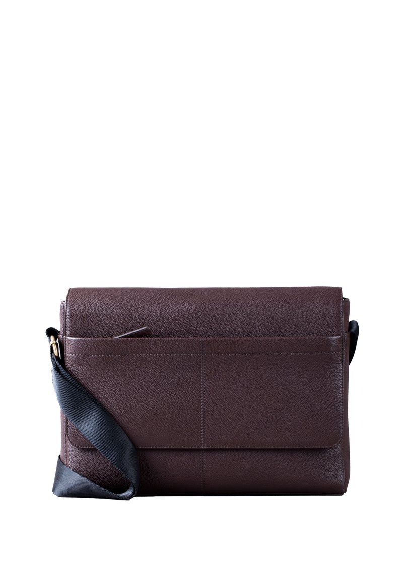 Brown leather messenger bag with a flap closure, vertical seam details, front pocket, and an adjustable black strap.