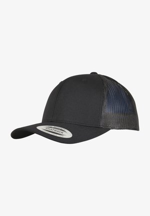 Cappellino snapback nero con frontale solido e retro in rete. Presenta una visiera curvata e un'etichetta sul davanti che dettaglia il marchio.