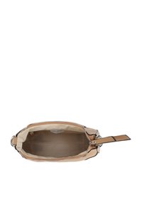 Beige Lederhandtasche mit einem Reißverschluss, silberner Hardware und einem glatten Innenraum. Enthält eine Innentasche und einen abnehmbaren Träger.