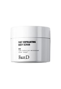 White round container with a black label featuring the text "Fast Exfoliating Body Scrub" and "100% hydration maintained after usage."