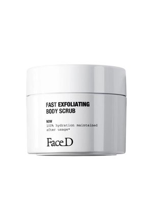 White round container with a black label featuring the text "Fast Exfoliating Body Scrub" and "100% hydration maintained after usage."