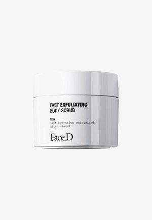 White round container with a black label featuring the text "Fast Exfoliating Body Scrub" and "100% hydration maintained after usage."