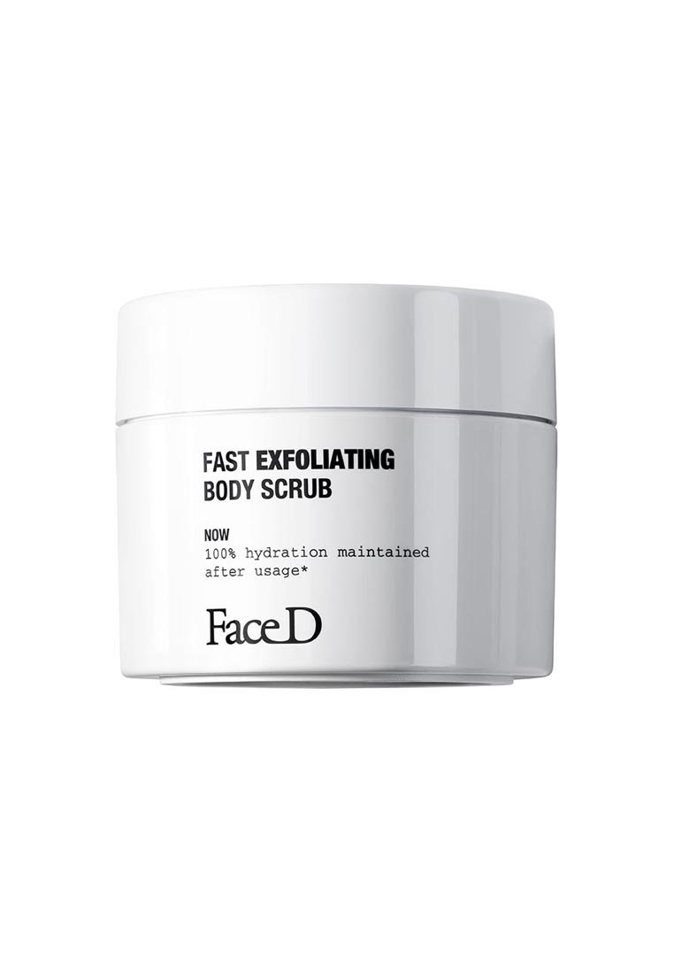 White round container with a black label featuring the text "Fast Exfoliating Body Scrub" and "100% hydration maintained after usage."