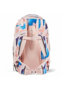 Backpack featuring a mix of pastel colors with a camo design, padded mesh back panel, adjustable straps, and dual buckles at the waist.