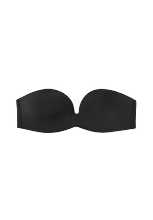 Zwarte strapless beha met gladde, gepolsterde cups, brede zijkanten en een naadloos ontwerp. Gemaakt van flexibele, lichte stof.