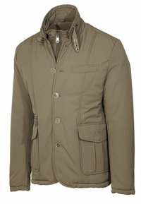 Giacca imbottita marrone con colletto alto, bottoni frontali e diverse tasche. Presenta cuciture a contrasto e una finitura in tessuto liscio.