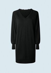 Top nero a maniche lunghe con scollo a V e rifiniture in pizzo sul collo. Tessuto a maglia morbido con polsini aderenti e vestibilità rilassata.