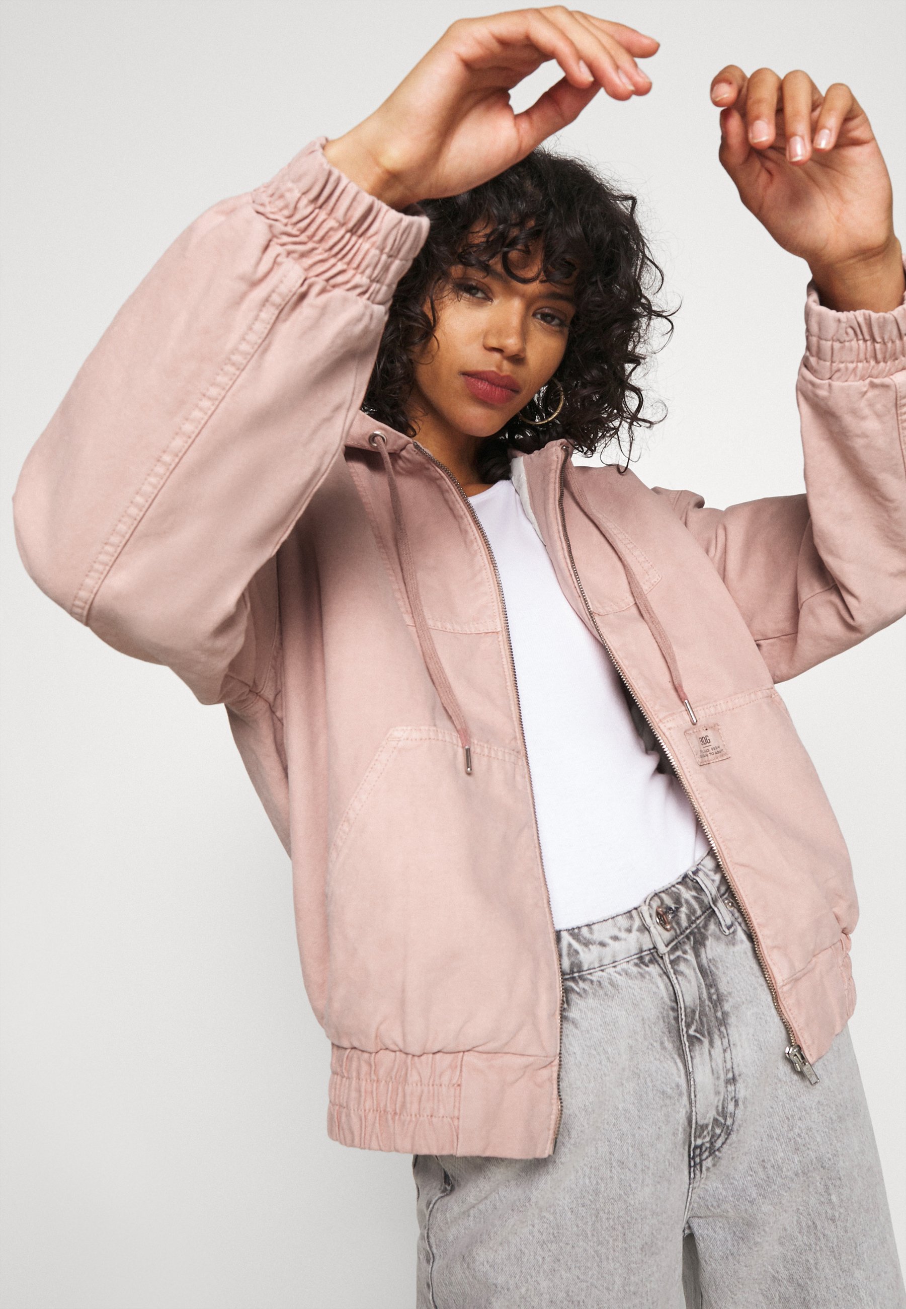 Urban pink denim jacket with zip and hood Clearance