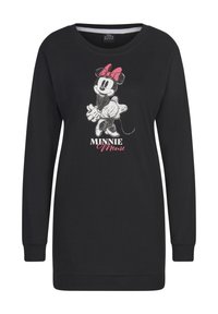 Felpa nera a maniche lunghe con una grafica di Minnie Mouse, con un fiocco rosa, e il testo "MINNIE Mouse" in bianco e rosa.