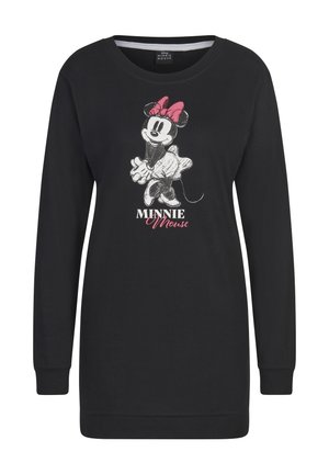 Schwarzer Sweatshirt mit langen Ärmeln, der ein Grafikdesign von Minnie Mouse mit einer rosa Schleife und dem Text "MINNIE Mouse" in Weiß und Rosa zeigt.