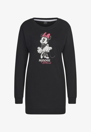 Schwarzer Sweatshirt mit langen Ärmeln, der ein Grafikdesign von Minnie Mouse mit einer rosa Schleife und dem Text "MINNIE Mouse" in Weiß und Rosa zeigt.