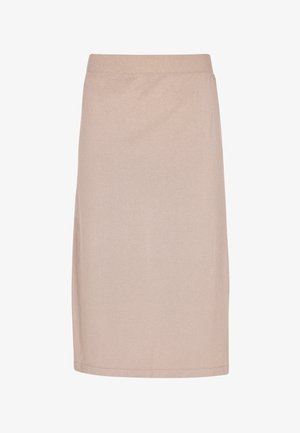 Viskoitu mittapituinen beige hame, jossa on sileä pinta, joustava vyötärö ja suora leikkaus; ei havaittavissa olevia kuvioita tai metalliosia.