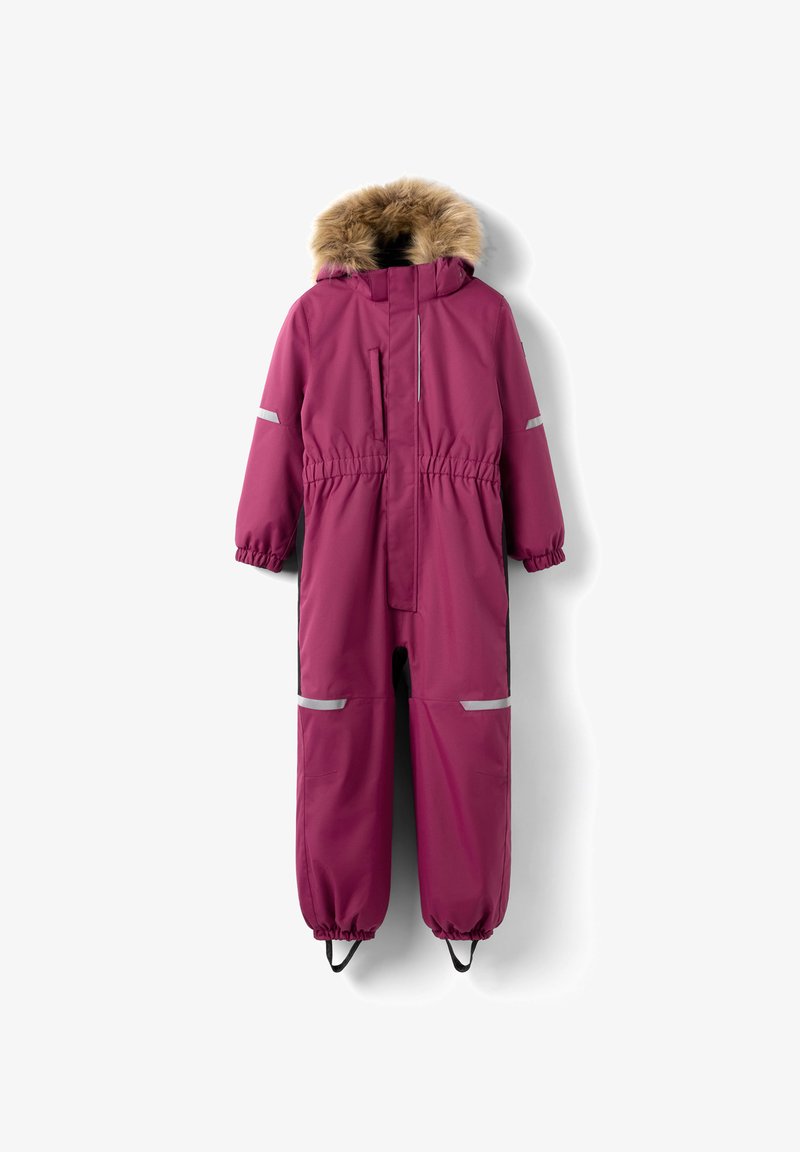 Roze winteroverall met nepbont capuchon, elastische tailleband, zijzakken en reflecterende strepen op de mouwen en benen. Glad, waterafstotend materiaal.