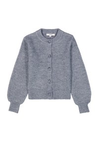 Grau gestrickte Strickjacke mit rundem Ausschnitt, langen Ärmeln und sechs vorderen Knöpfen. Mit gerippter Textur und einem enganliegenden Saum.