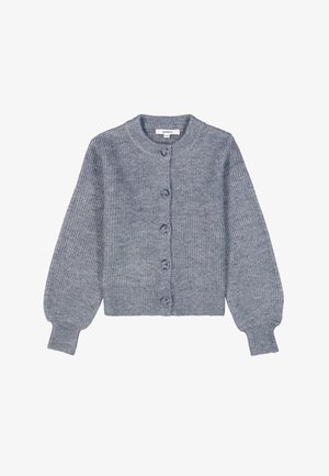 Grau gestrickte Strickjacke mit rundem Ausschnitt, langen Ärmeln und sechs vorderen Knöpfen. Mit gerippter Textur und einem enganliegenden Saum.