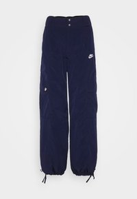 Marine cargobroek met een losse pasvorm, elastische manchetten, twee zijzakken en een klein logo. Gemaakt van lichtgewicht, mogelijk waterafstotend materiaal.