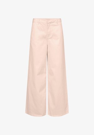 Svetlé béžové nohavice s širokými nohavicami vyrobené z bavlnenej zmesi. Obsahuje predné zapínanie na gombík a priechodky na opasok. Hladká textúra, minimalistický dizajn.