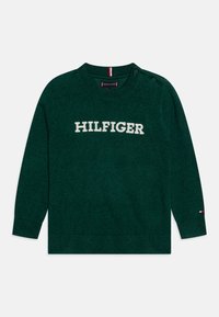 Maglione verde a maglia con logo "HILFIGER" in crema. Presenta un collo girocollo, polsini a costine e bottoni sulle spalle. Texture morbida.